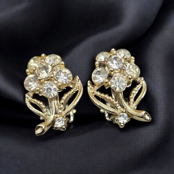 Signed Silver Tone Lisner Brooch & Earring Set Leaf Stemmed Rhinestone Flowers - Picture 4 of 11